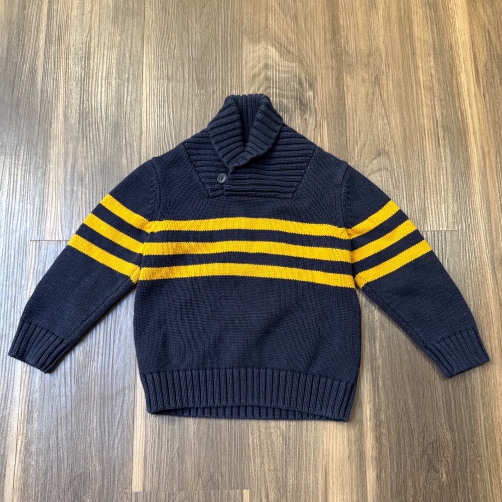 BabyGap Shawl Collar Sweater Toddler 3T Navy Blue Yellow Striped Cotton Knit